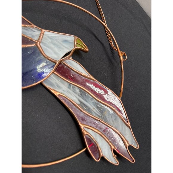 Real Stained Art Glass Patriotic Eagle Suncatcher Copper Frame Chain Americana - Picture 4 of 7